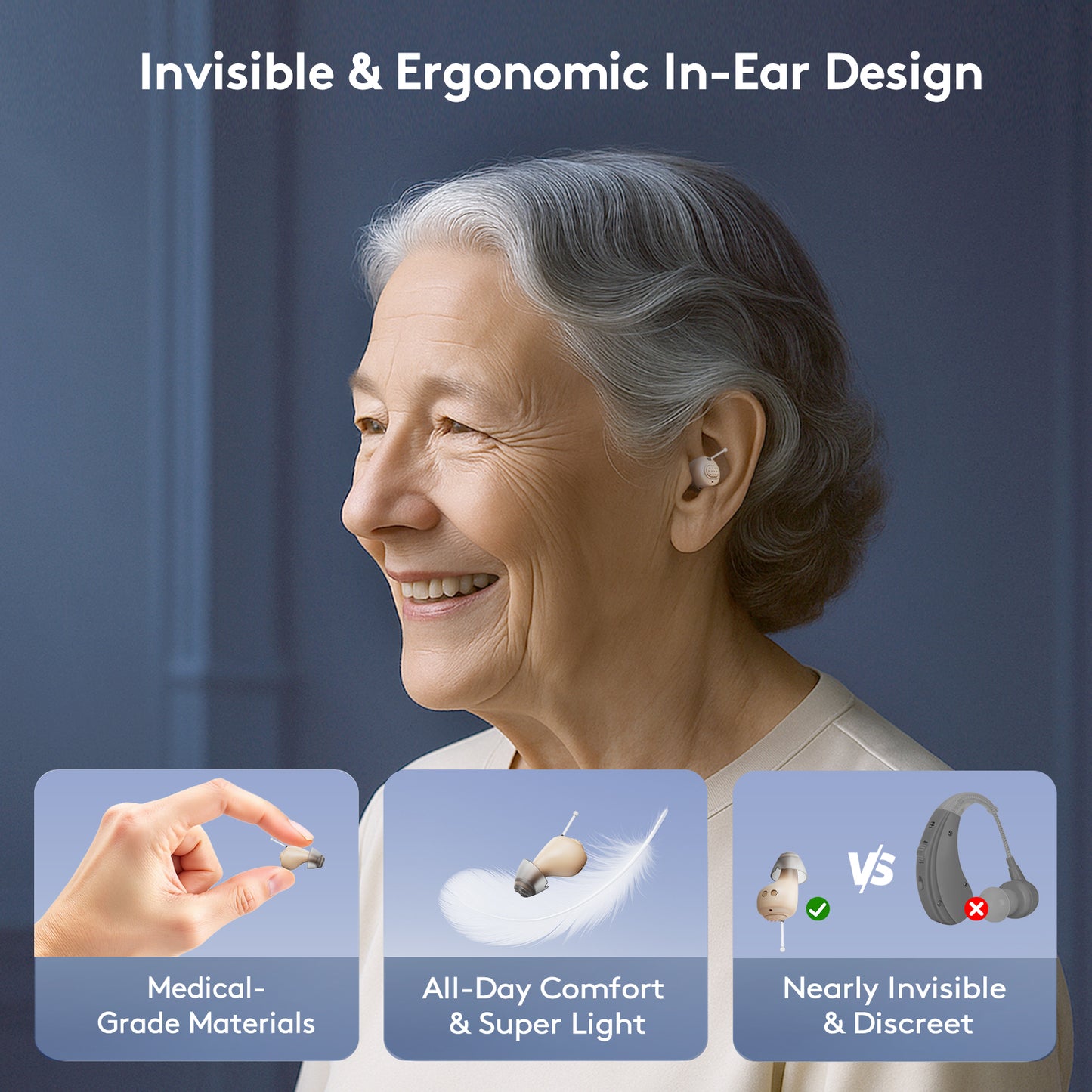 Hearing Aids for Seniors, OTC Wireless Hearing Aid (Not Hearing Amplifier) for Mild to Moderate Hearing Loss, Noise Reduction, Rechargeable, Comfortable, Near Invisible